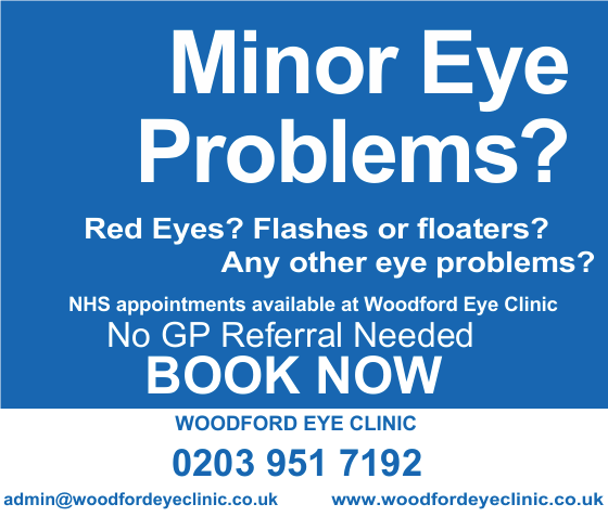 Minor Eye Problems? Red Eyes? Flashes or floaters? Any other eye problems? NHS appointments available at Woodford Eye Clinic. No GP Referral Needed. BOOK NOW. Woodford eye clinic. 02039517192. admin@woodfordeyeclinic.co.uk www.woodfordeyeclinic.co.uk
